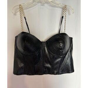 Say What Black Faux Leather Corset top Crocodile Print Gold Chain Strap Size XL